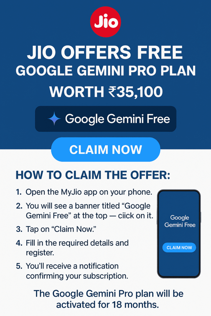 Jio Offers Free Google Gemini Pro Plan Worth ₹35,100 to Its Users