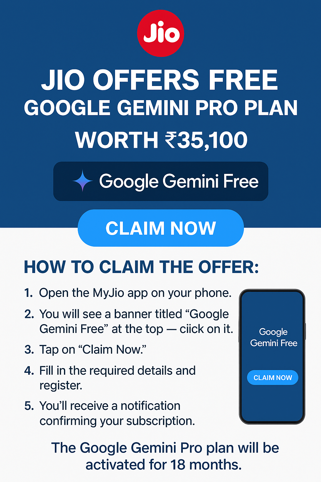 Jio Offers Free Google Gemini Pro Plan Worth ₹35,100 to Its Users